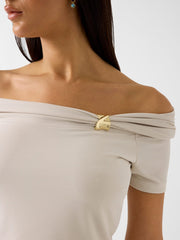 Off-shoulder draped knit top