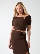 Off-shoulder draped knit top