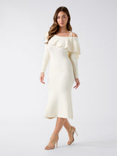 Flounced Off-Shoulder Knit Midi Dress