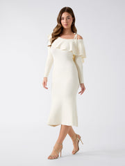 Flounced Off-Shoulder Knit Midi Dress