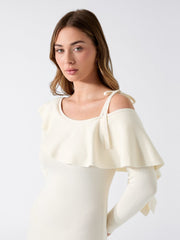 Flounced Off-Shoulder Knit Midi Dress