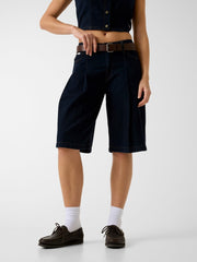 Pleated denim bermuda