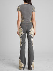 Printed Denim Flared Jeans