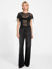 Eco Rhinestone Mesh Shirred Top