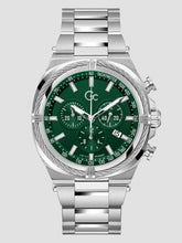 Gc Silver-Tone and Green Chronograph Watch