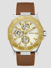Two-Tone and Brown Leather Multifunction Watch