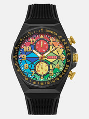 Rainbow Mosaic and Black Silicone Chronograph Watch