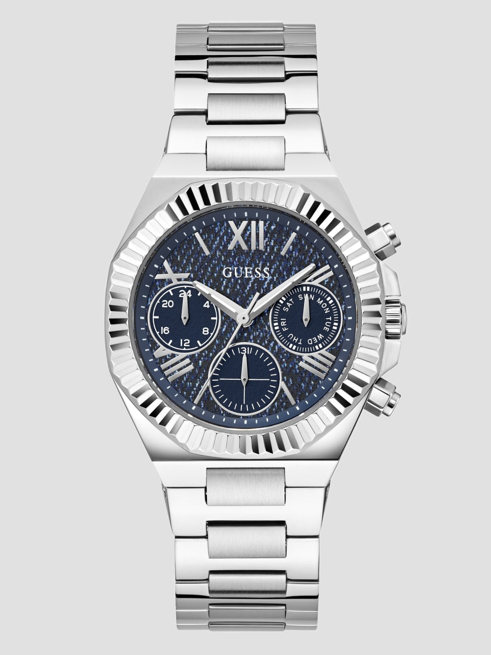 Silver-Tone and Denim Multifunction Watch