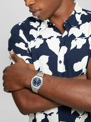 Silver-Tone and Blue Octagonal Analog Watch
