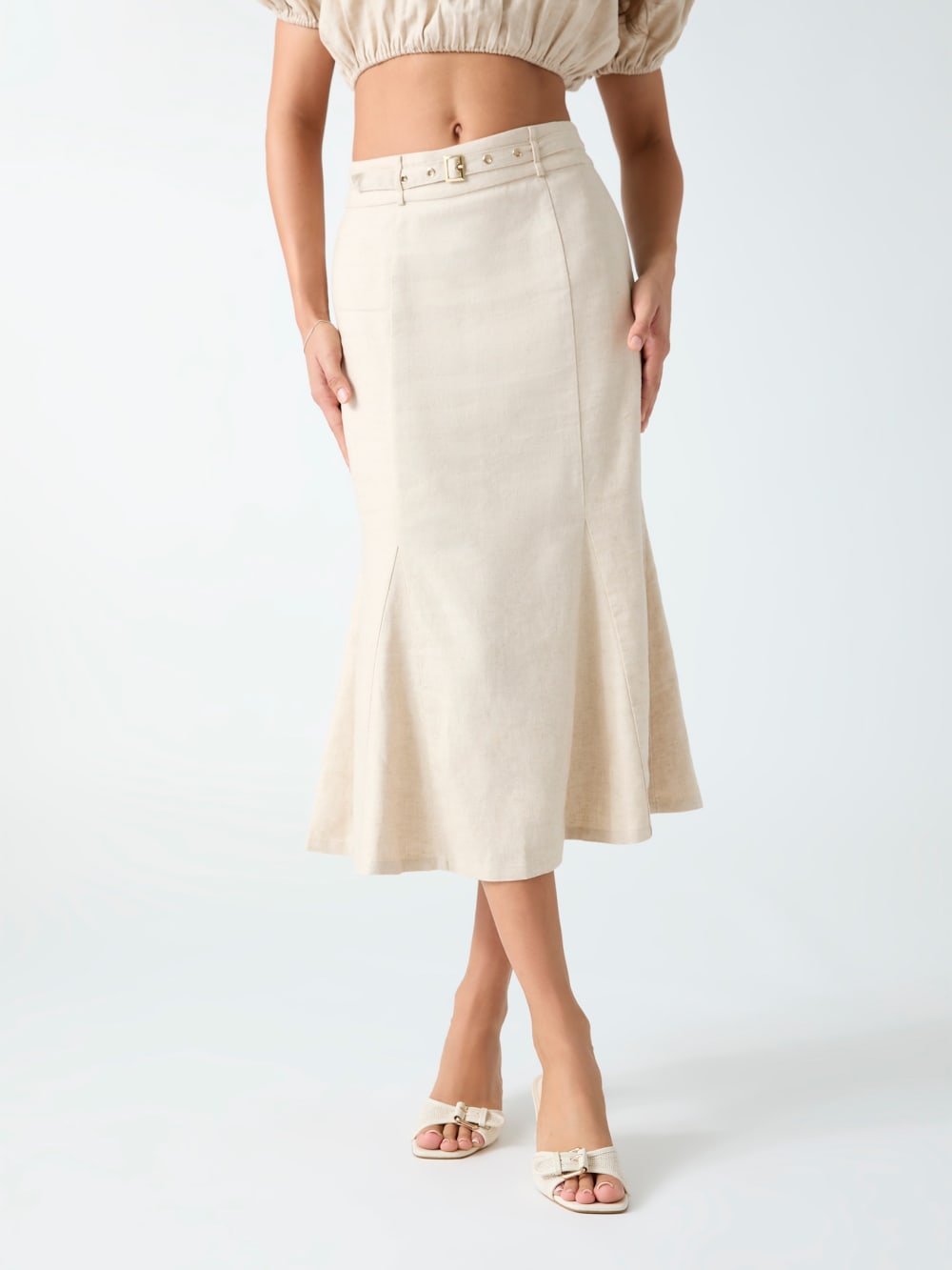 Linen-blend midi skirt