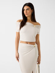 Off-shoulder draped knit top