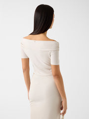 Off-shoulder draped knit top