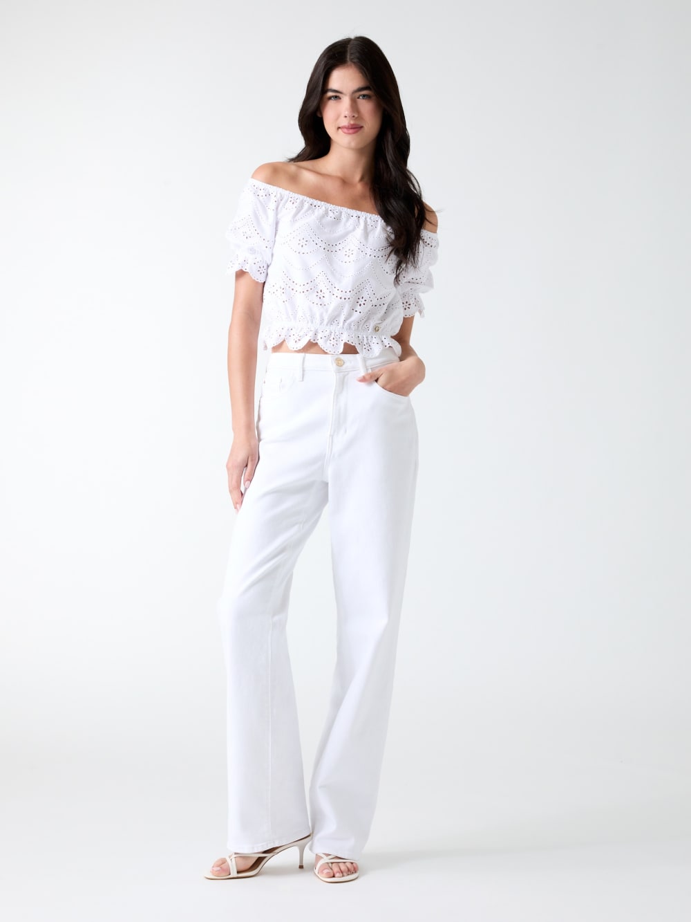 Off-shoulder eyelets top