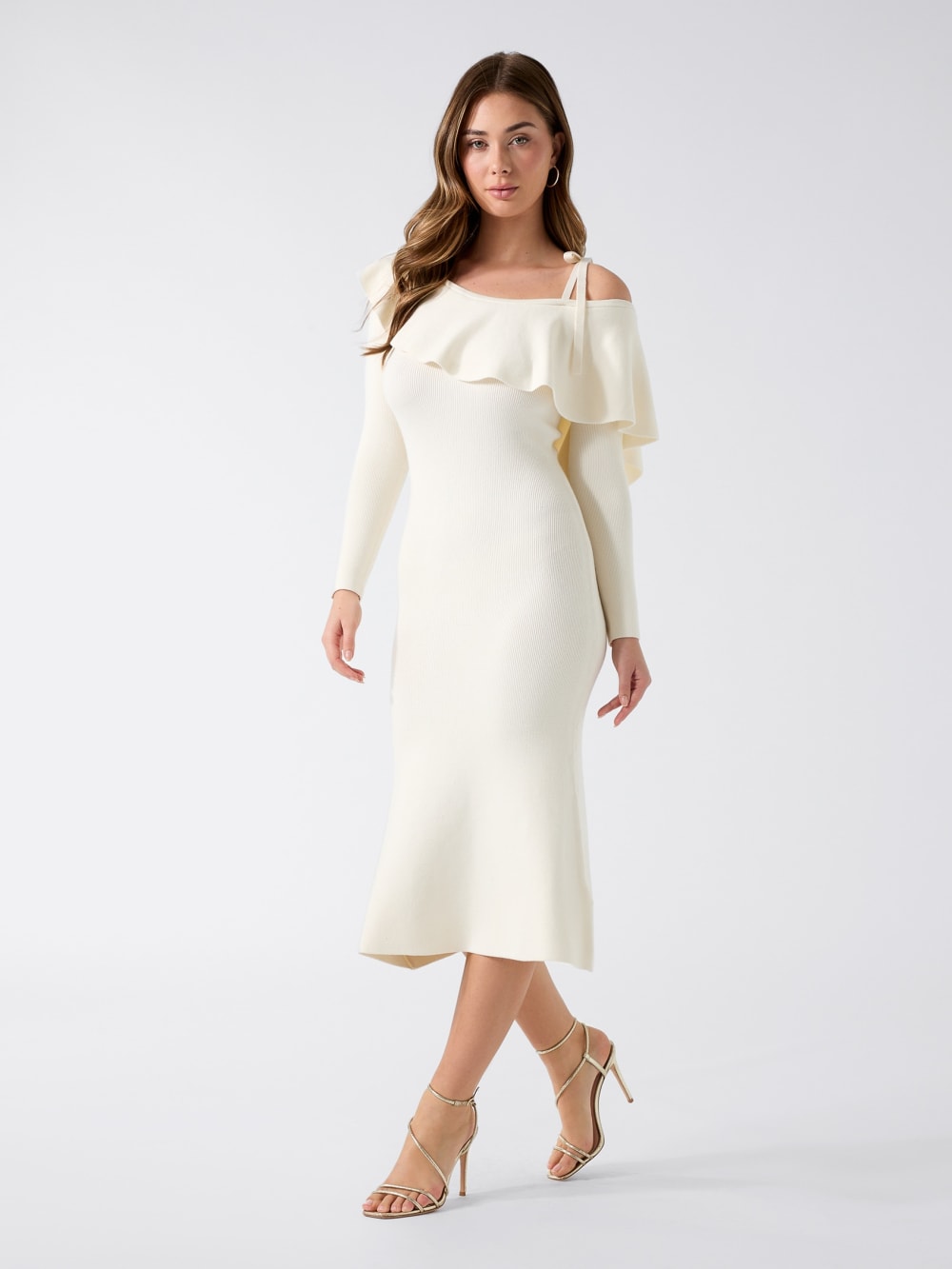 Flounced Off-Shoulder Knit Midi Dress