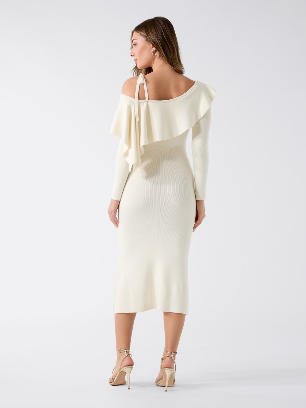 Flounced Off-Shoulder Knit Midi Dress