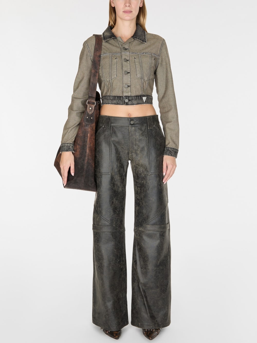 wide-Leg crackled leather pants