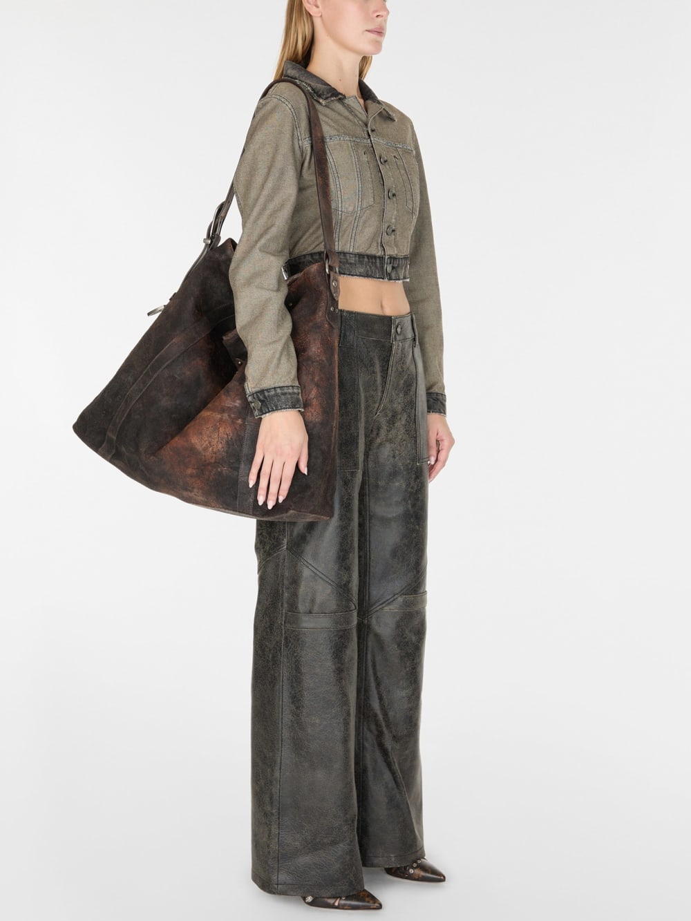 wide-Leg crackled leather pants