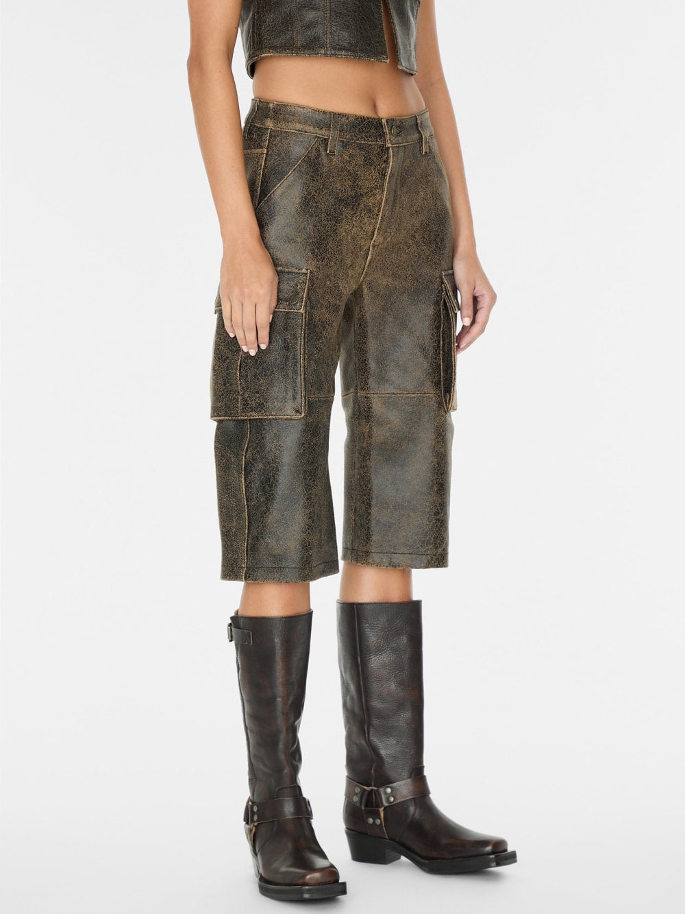 crackled leather cargo pants
