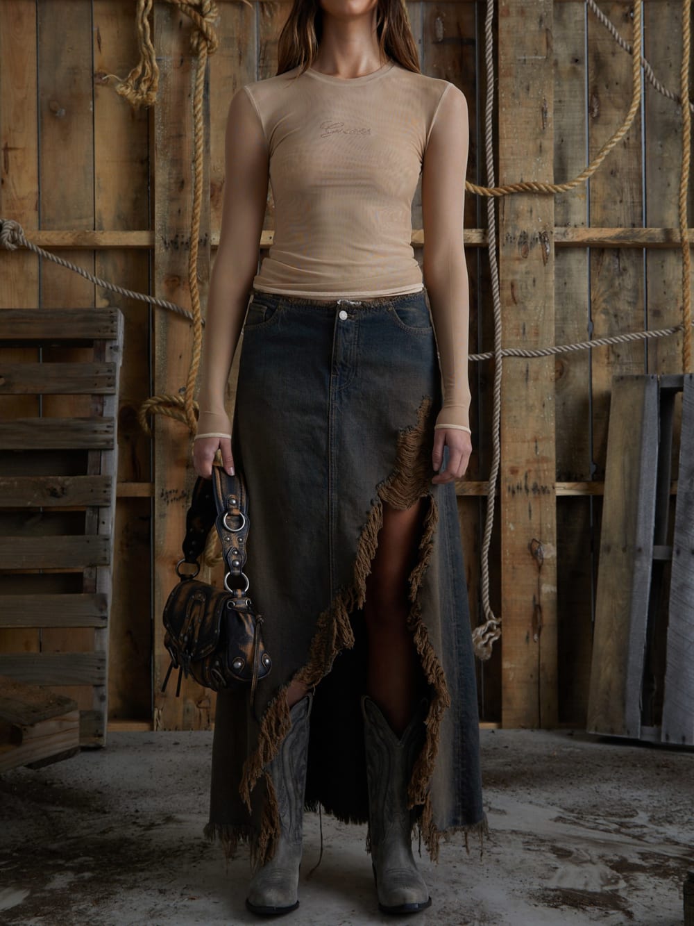 open front denim skirt