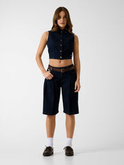 Pleated denim bermuda