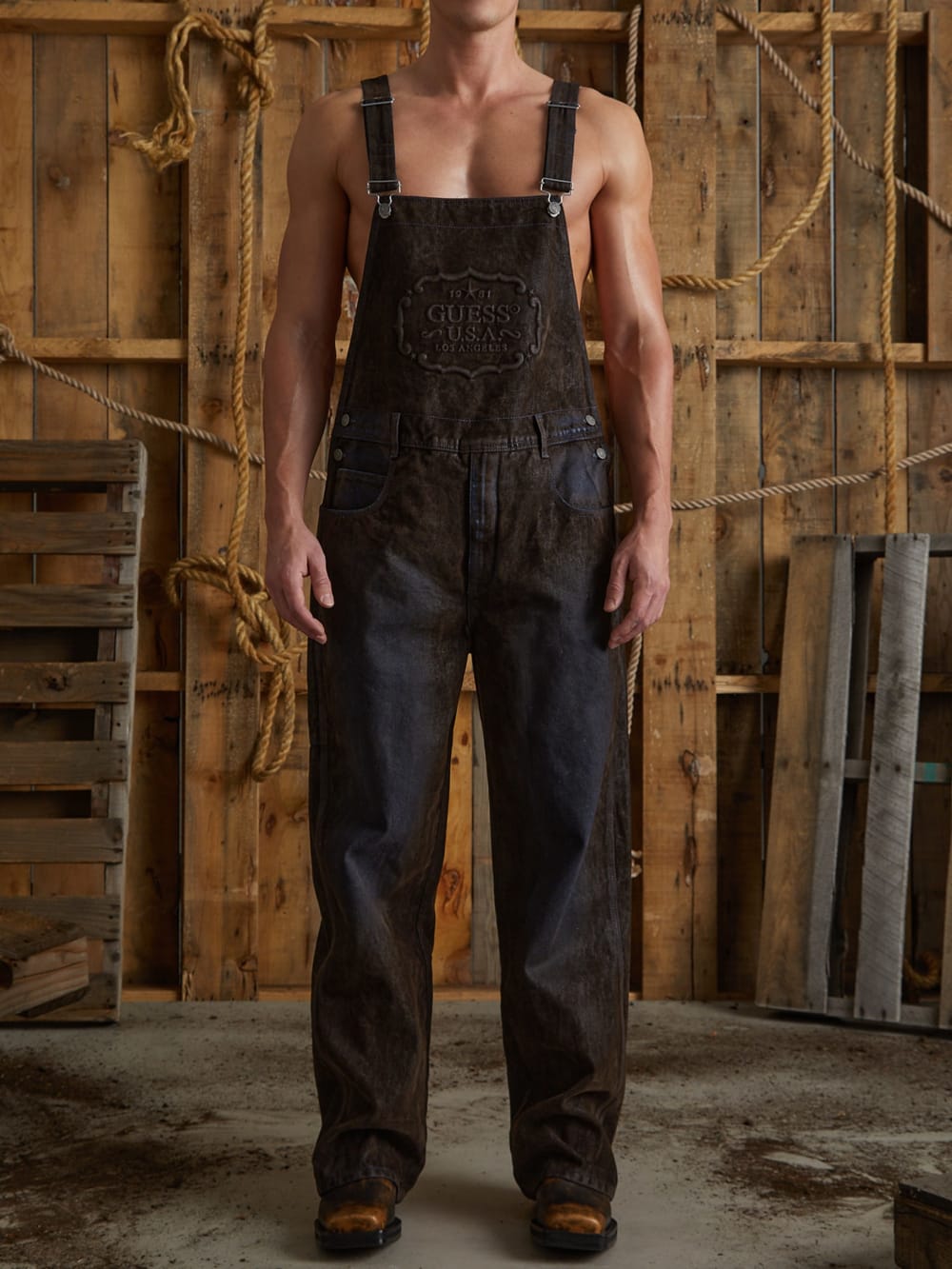 flocked denim overalls