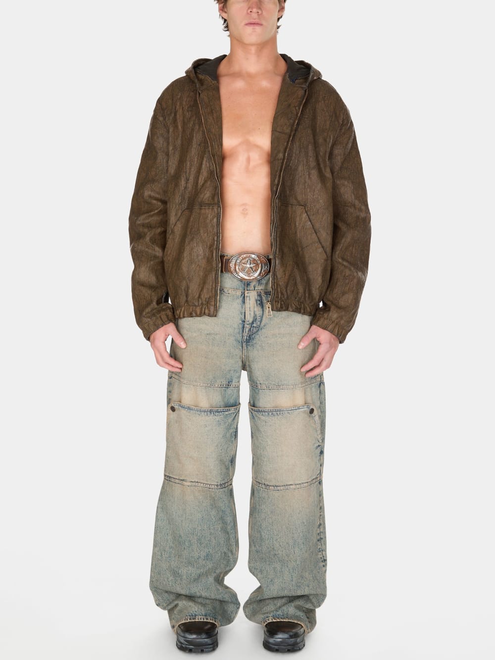 coated denim hooded jacket