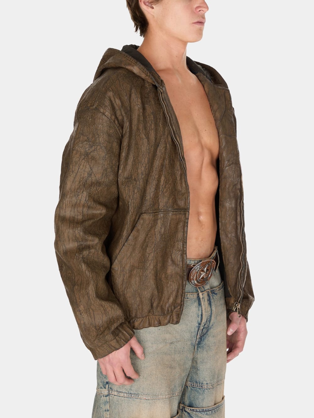 coated denim hooded jacket