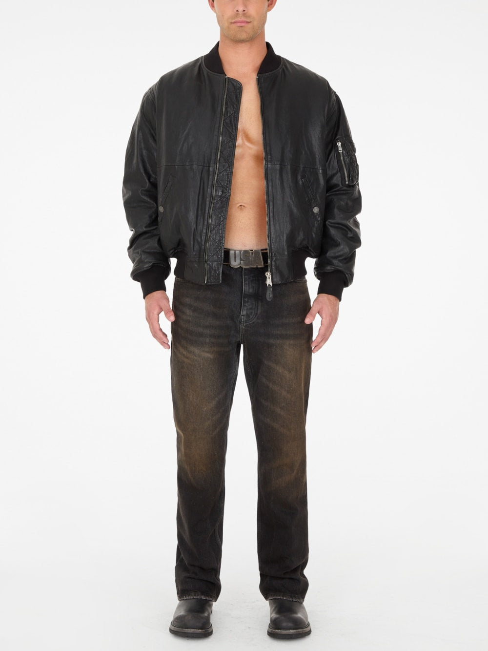 cropped leather flight jacket