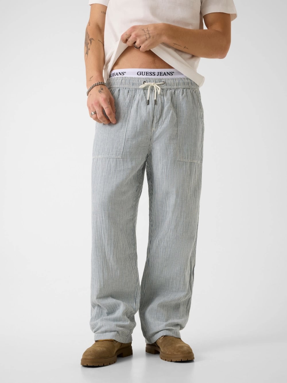 Linen-blend striped pants