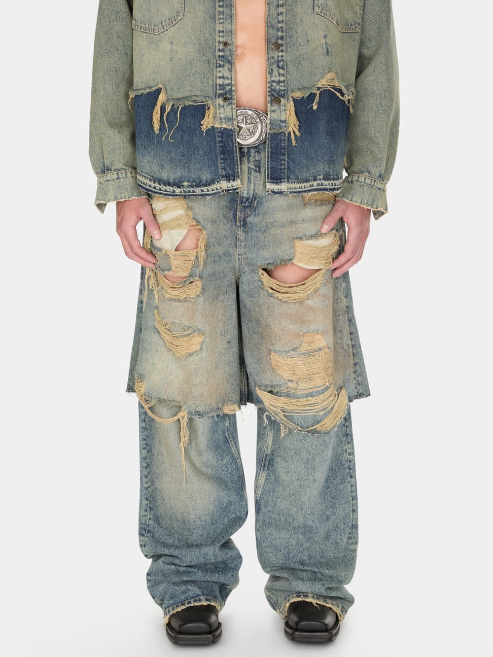 destroyed denim layered pant