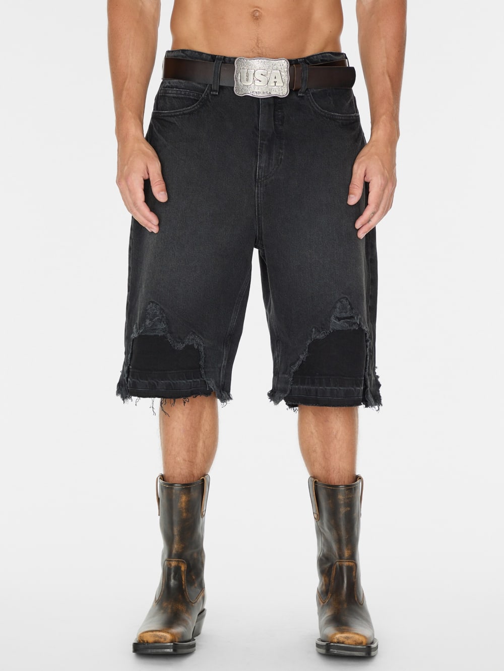 black distressed denim short