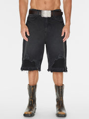 black distressed denim short