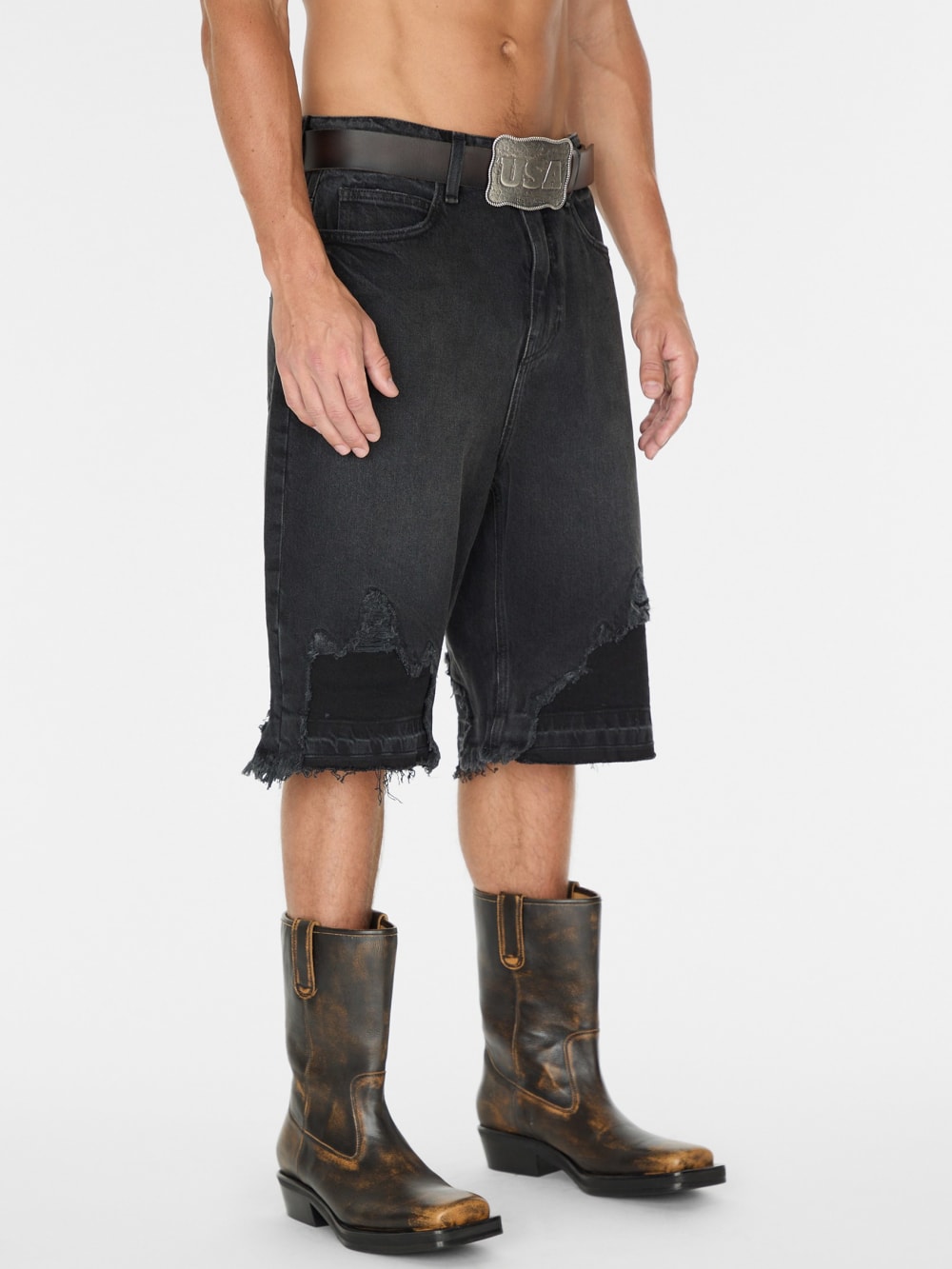 black distressed denim short