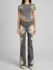 Printed Denim Flared Jeans