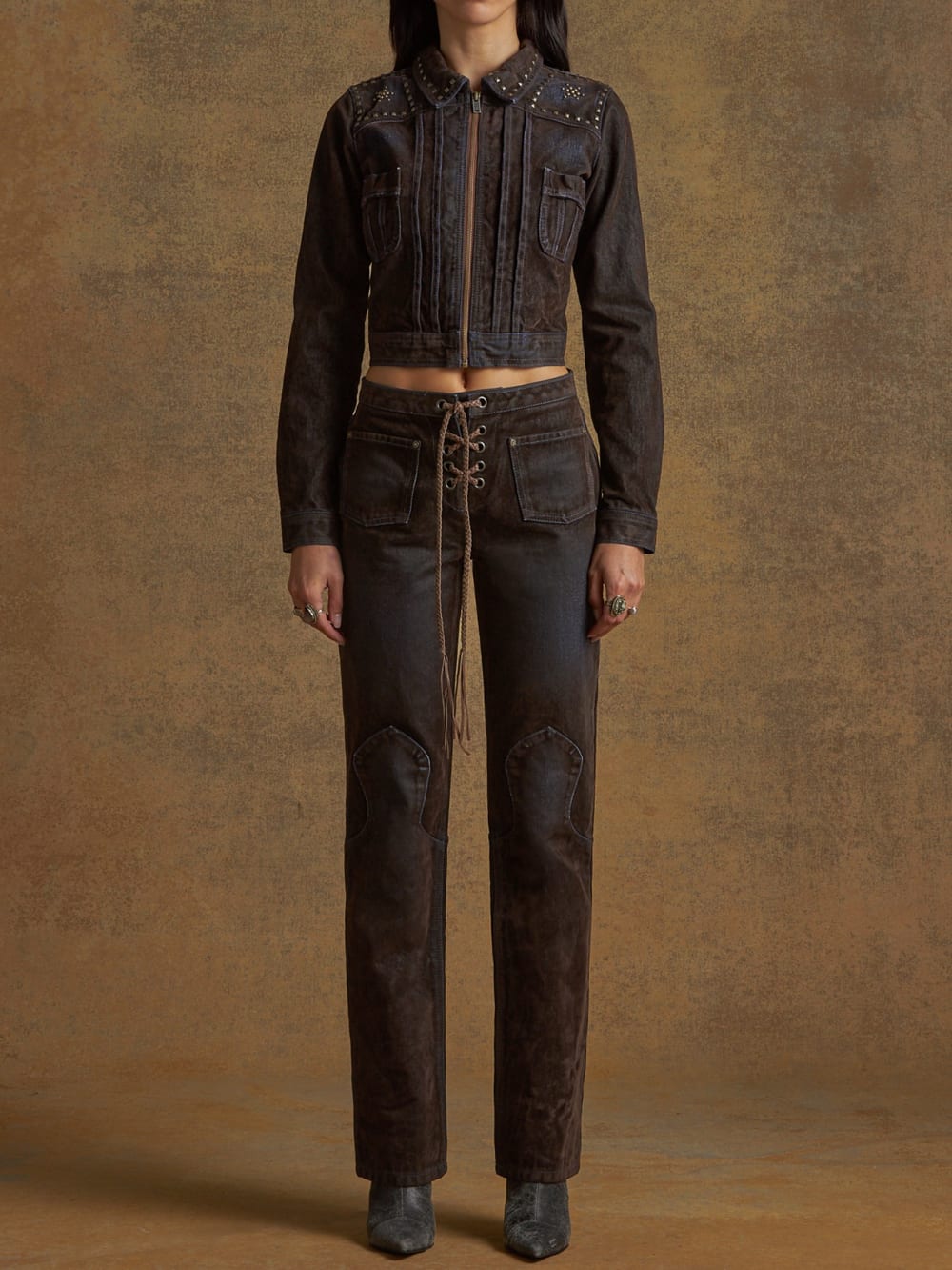 lace-up straight denim pants