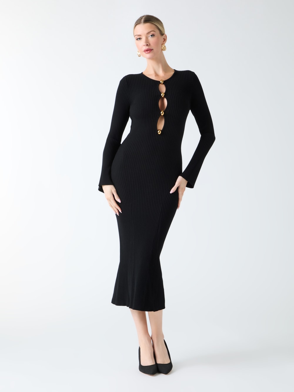 Agathe Ribbed Long-Sleeve Midi Dress