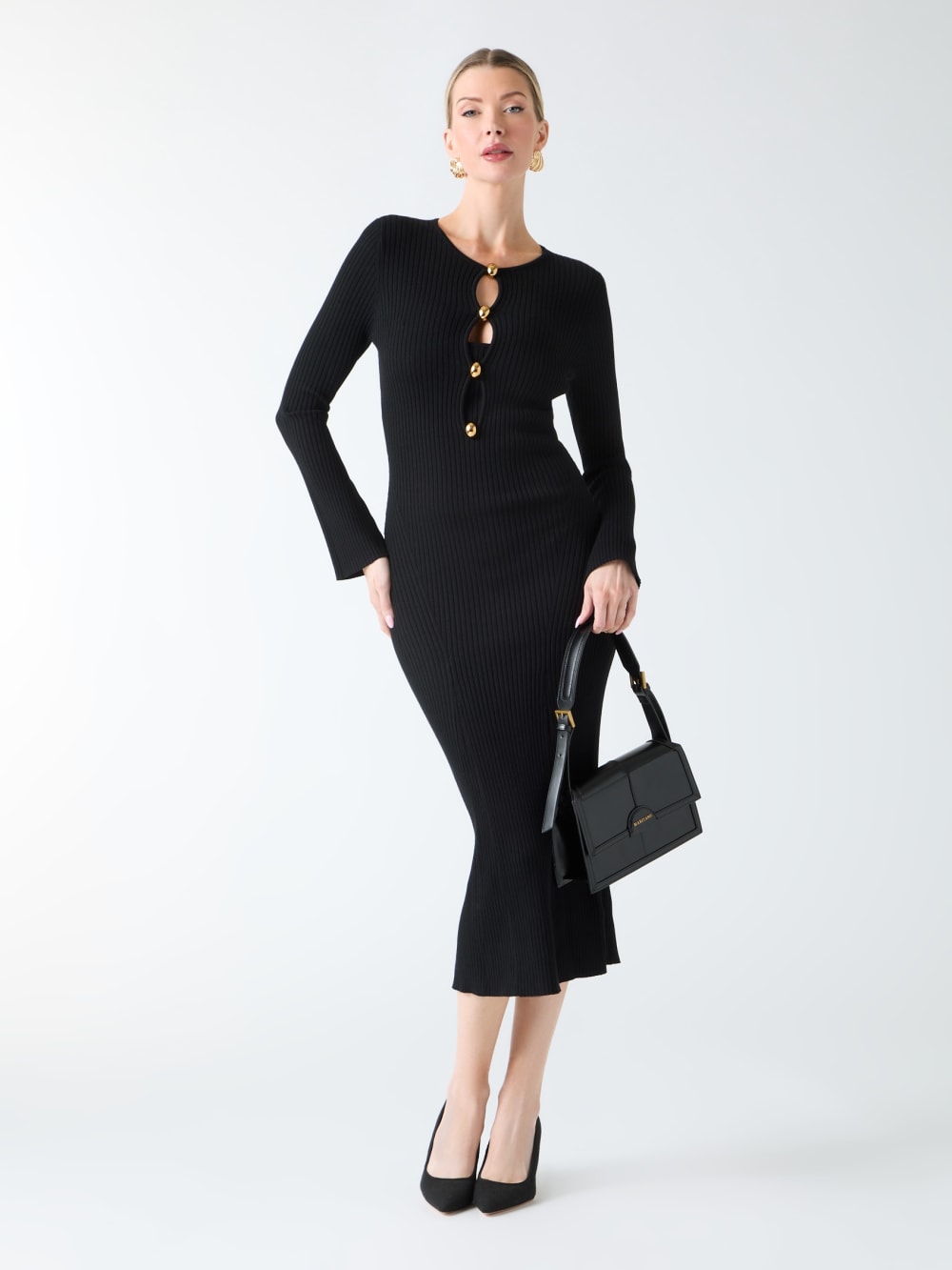 Agathe Ribbed Long-Sleeve Midi Dress