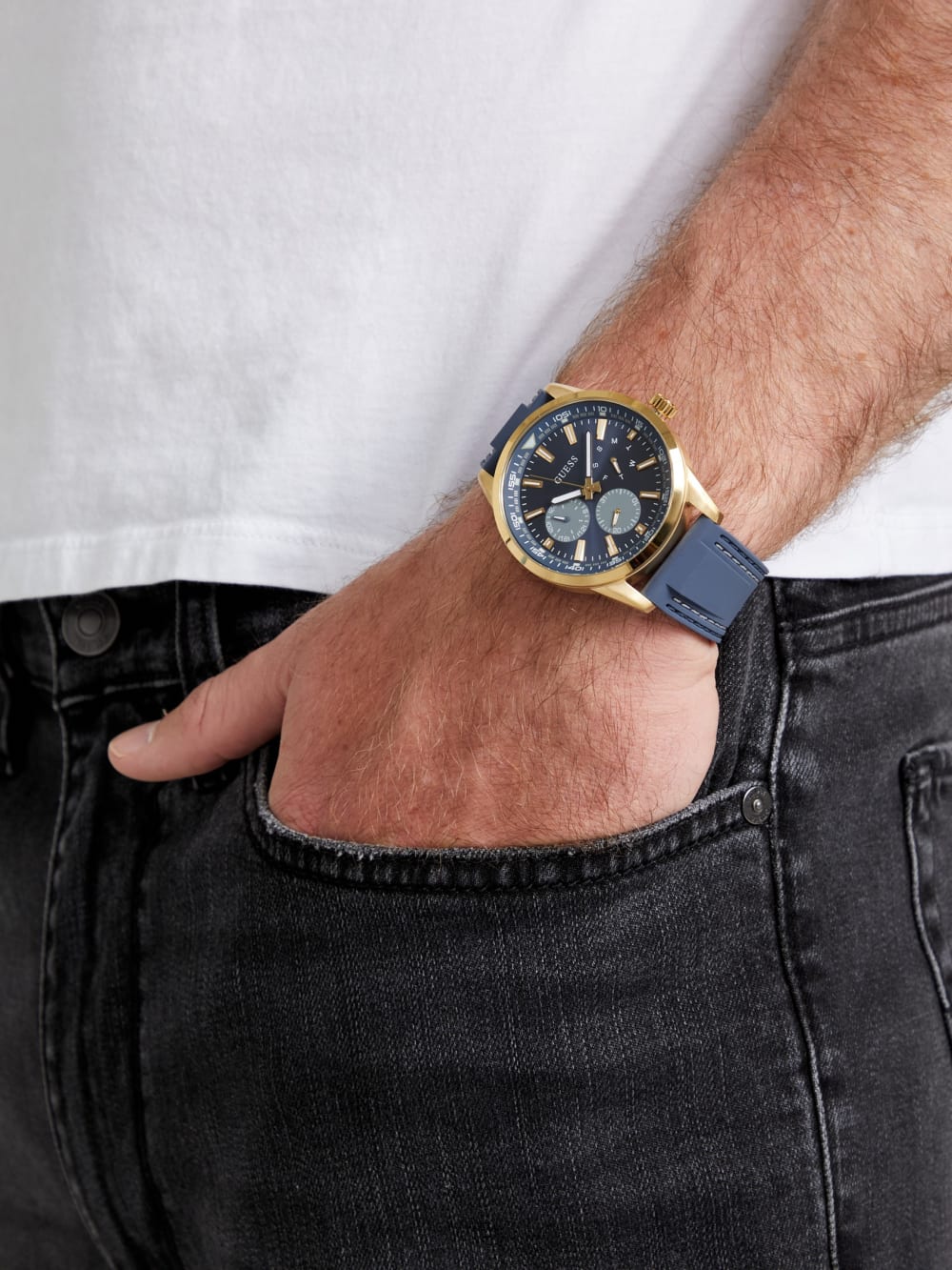 Gold-Tone and Blue Silicone Multifunction Watch