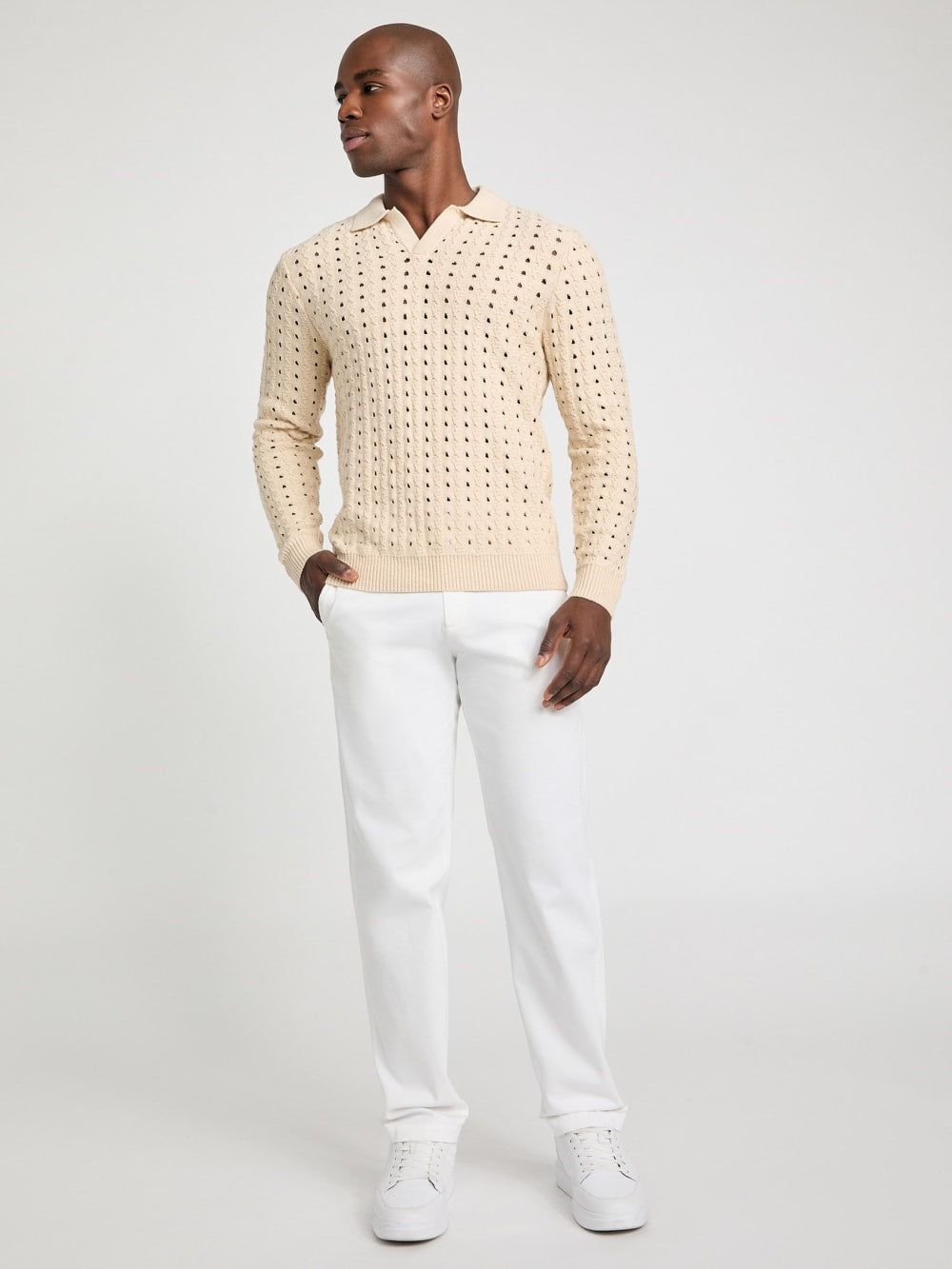 Open-Knit Polo Sweater