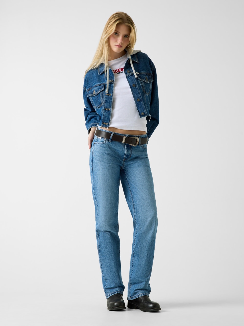 Cropped hooded denim jacket
