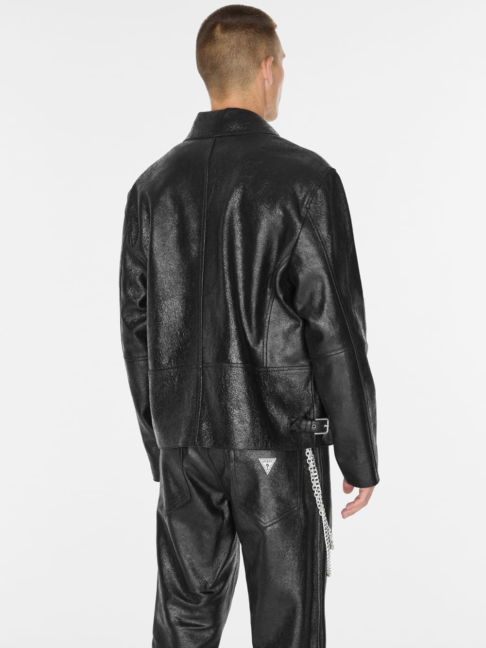 crackle leather zip jacket