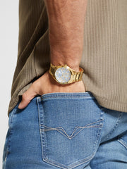 Gold-Tone and Textured Blue Multifunction Watch