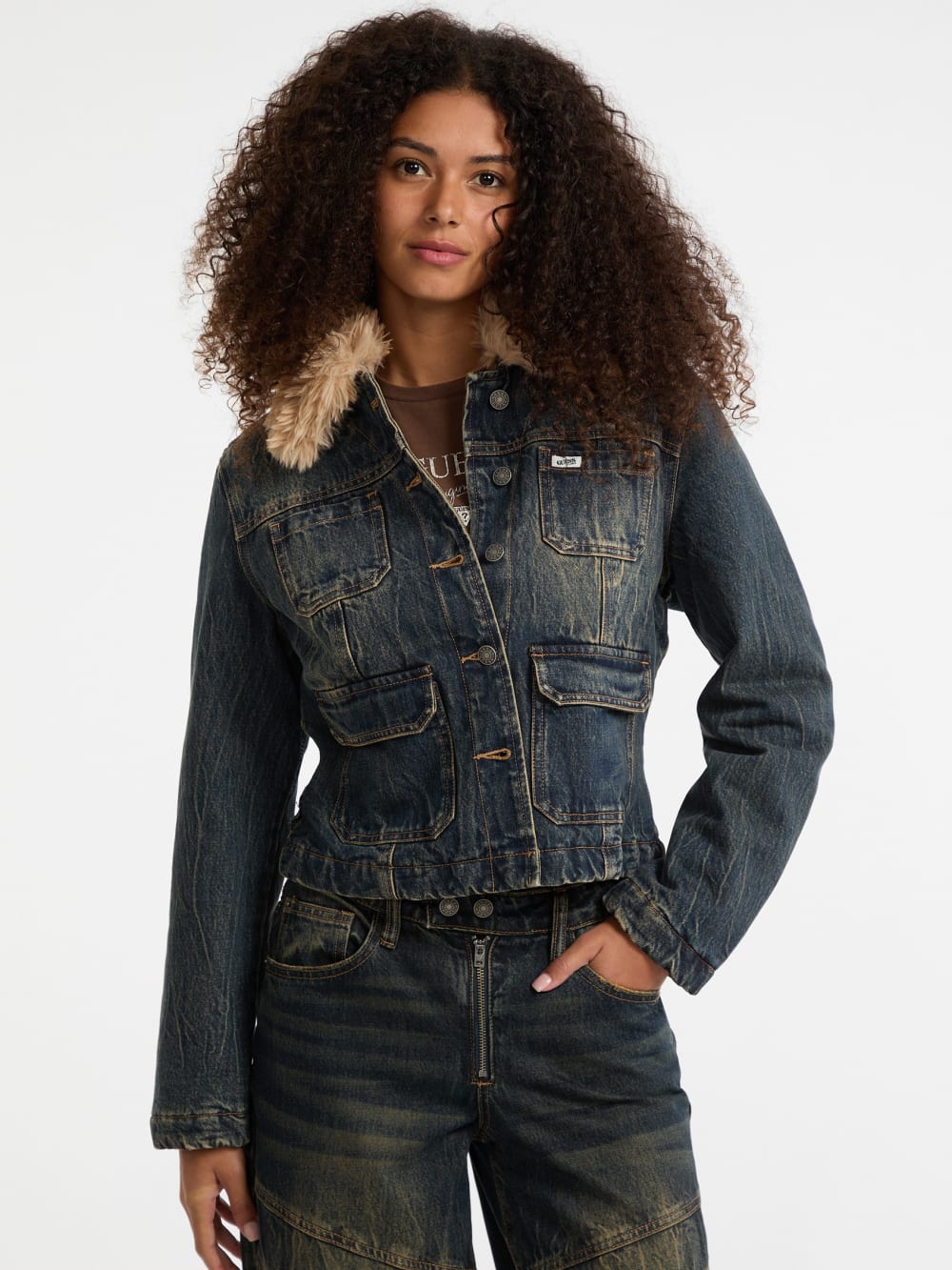 GUESS Originals Faux-Fur Denim Aviator Jacket