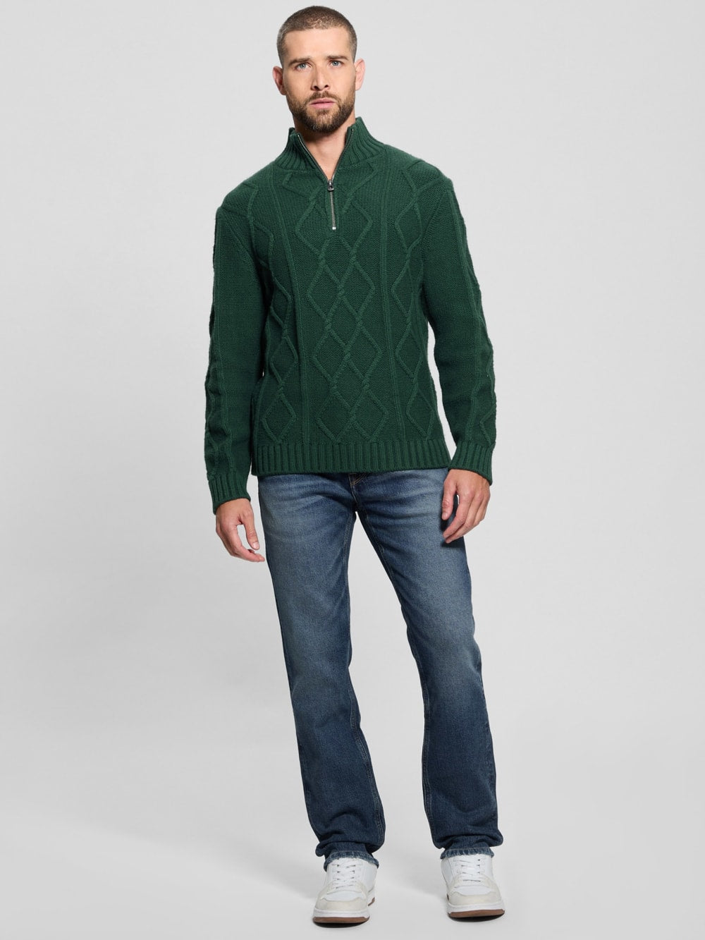 Diamond Cable-Knit Half-Zip Sweater