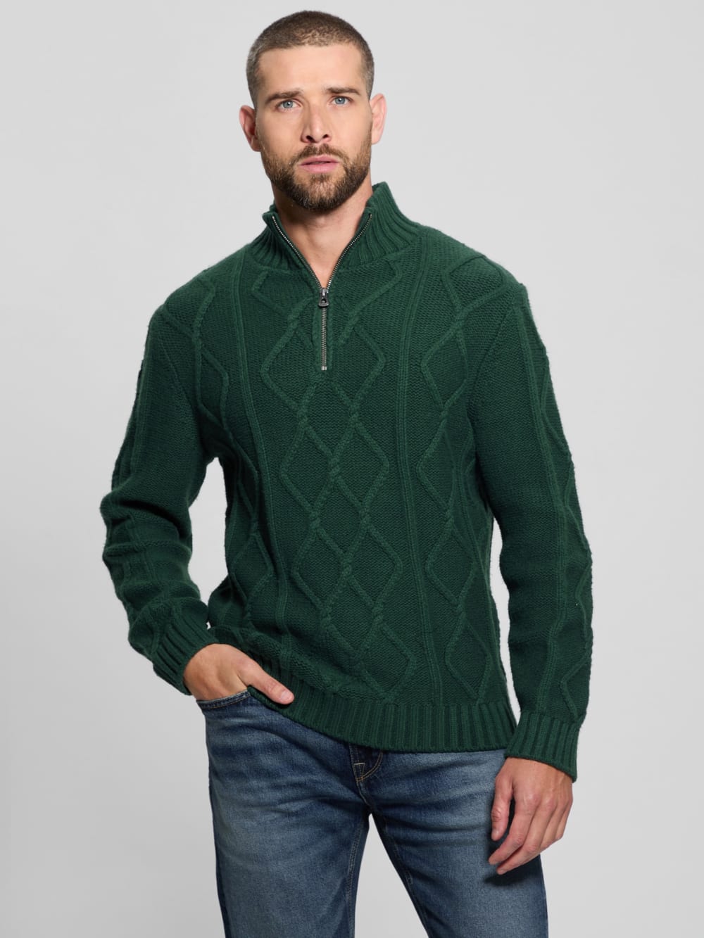 Diamond Cable-Knit Half-Zip Sweater