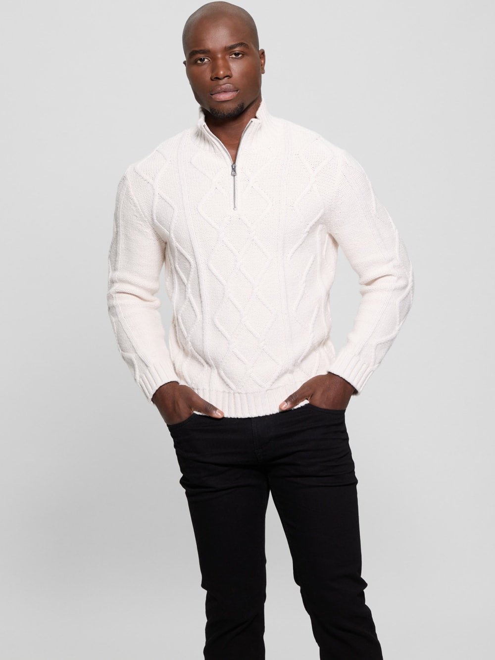 Diamond Cable-Knit Half-Zip Sweater