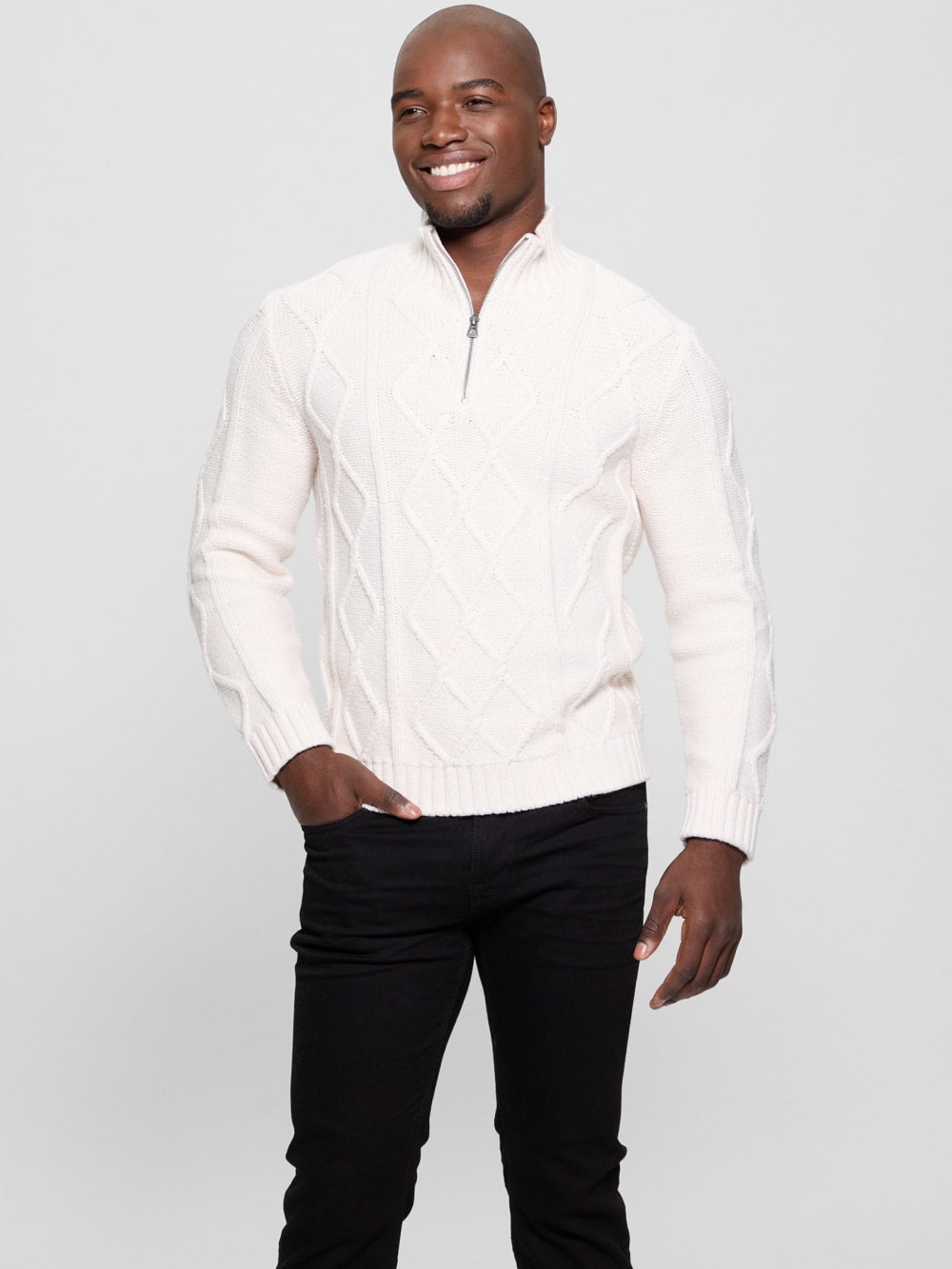 Diamond Cable-Knit Half-Zip Sweater