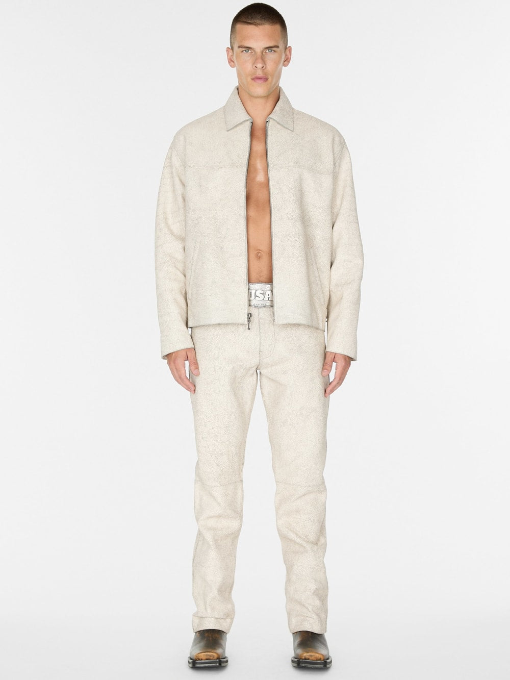 crackle leather zip jacket