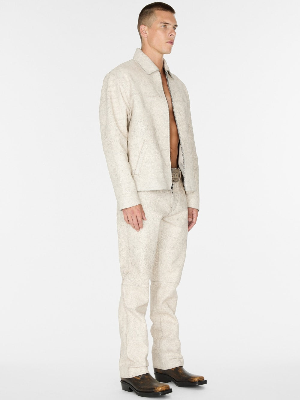crackle leather zip jacket