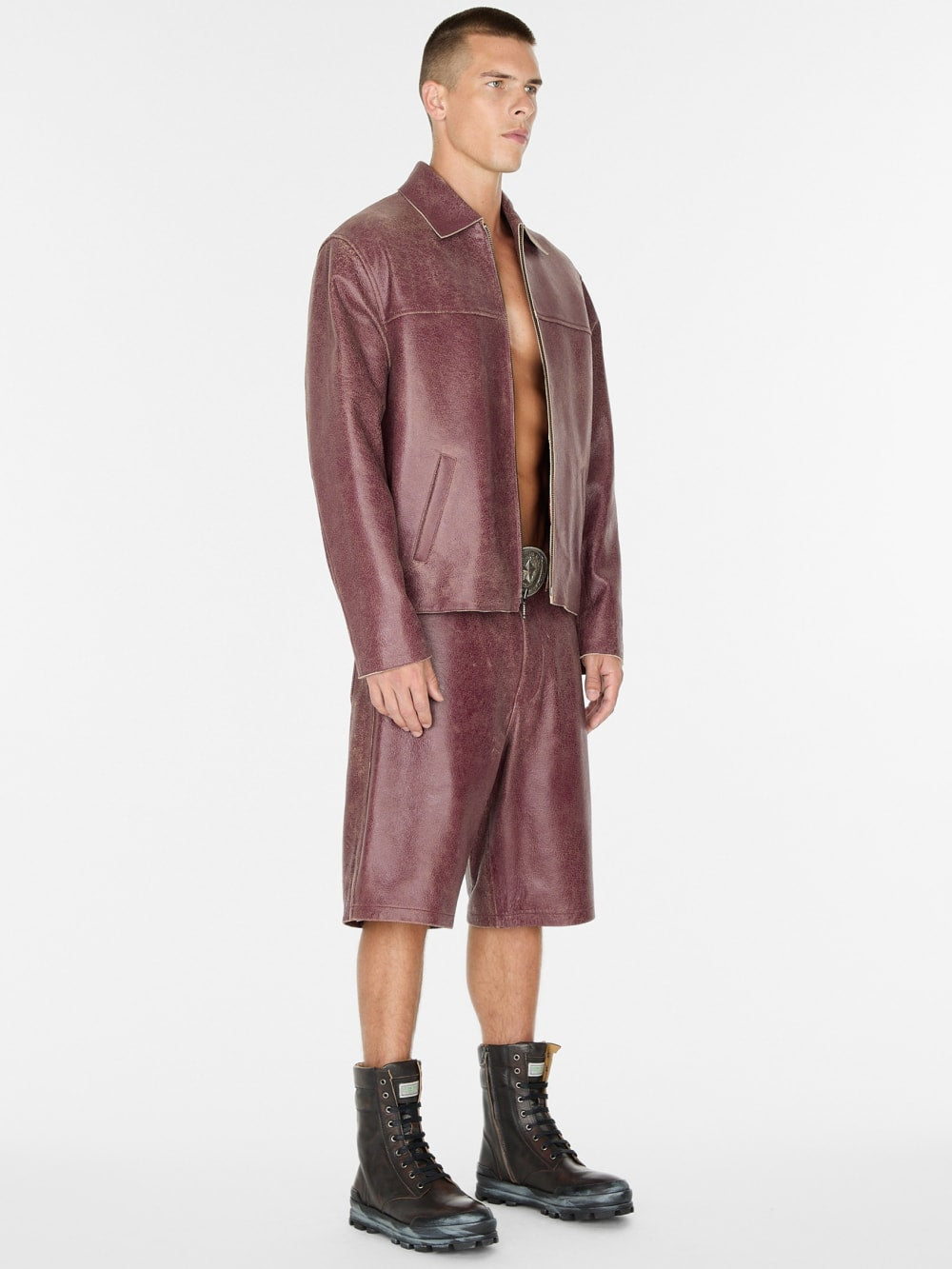 crackle leather zip jacket